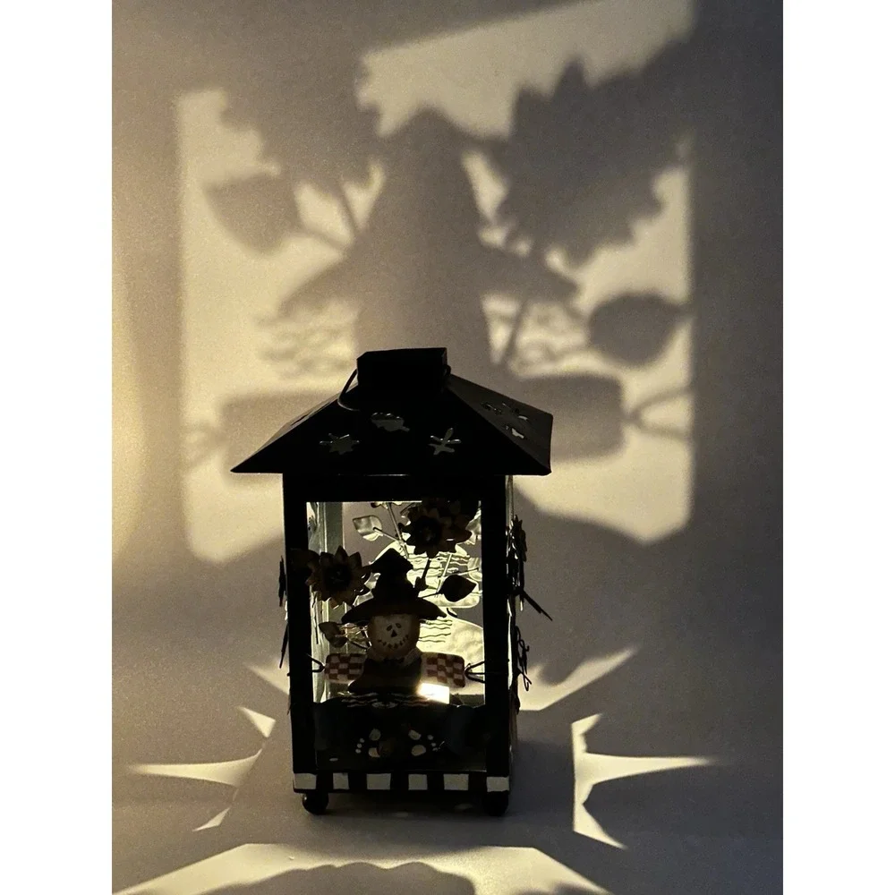 Laurie Korsgaden Fall Scarecrow Pumpkin Metal Lantern Candle Holder Folk Art